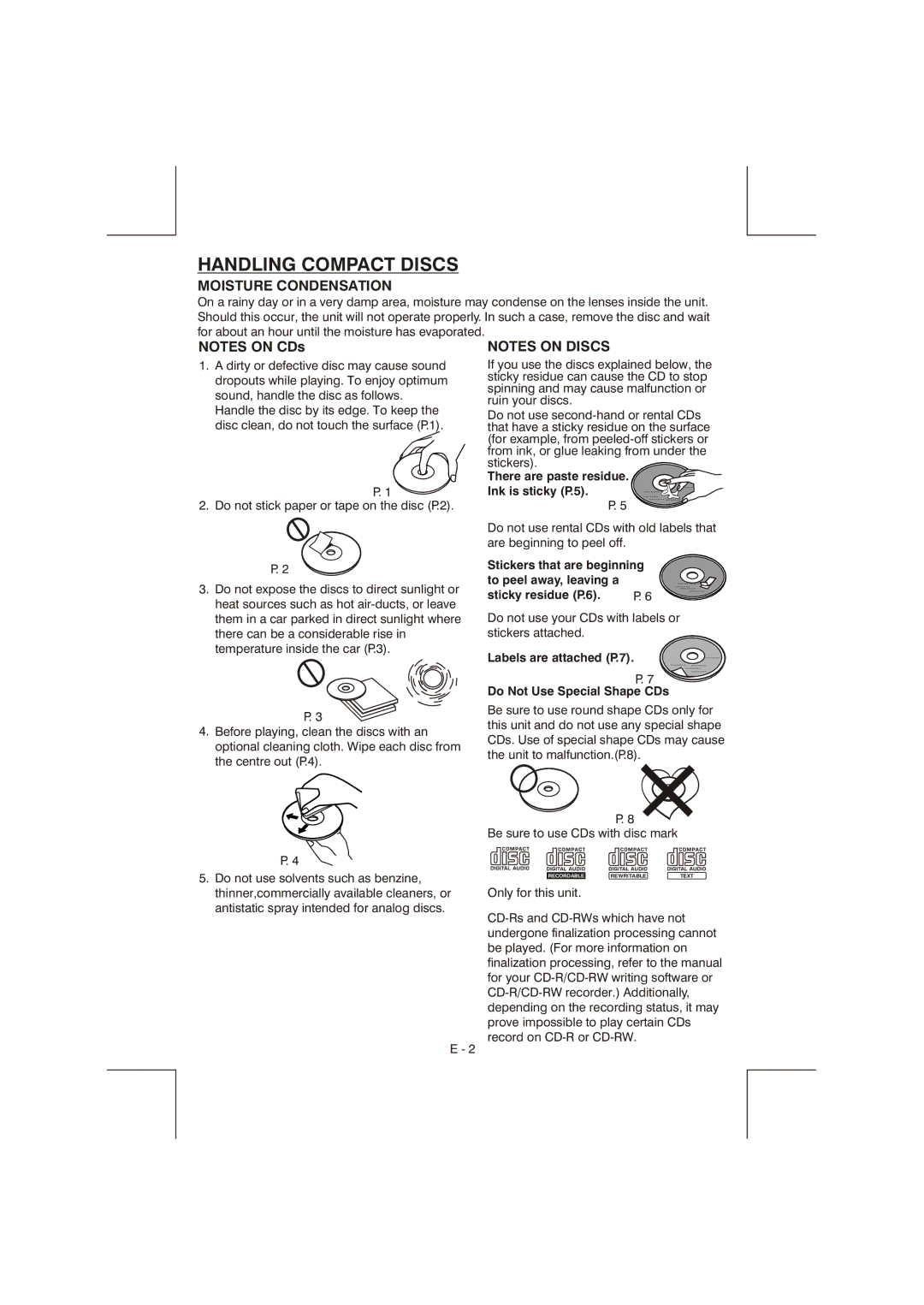 Lanzar Car Audio VBD2600MP owner manual Handling Compact Discs, There are paste residue Ink is sticky P.5 