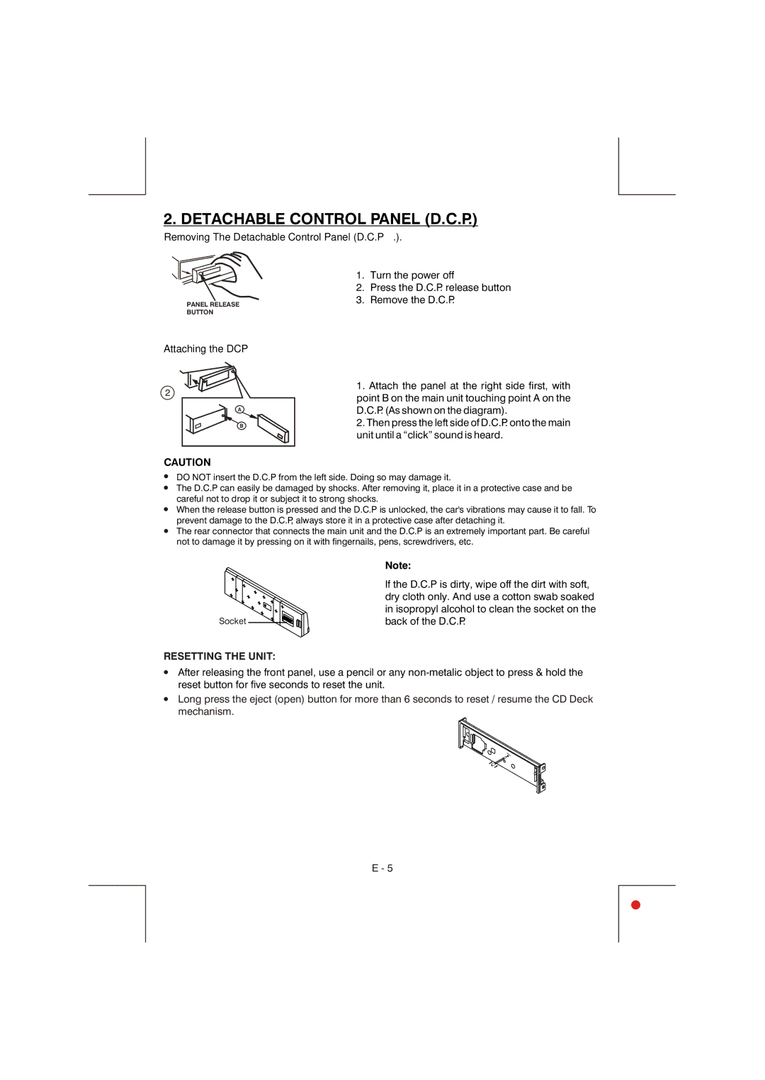 Lanzar Car Audio VBD2600MP owner manual Detachable Control Panel D.C.P, Resetting the Unit 