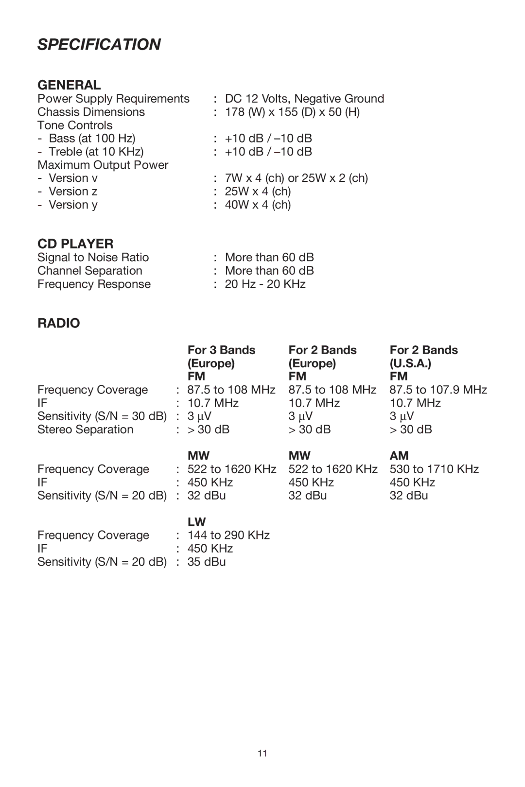 Lanzar Car Audio VBD300 owner manual Specification, For 3 Bands For 2 Bands Europe 