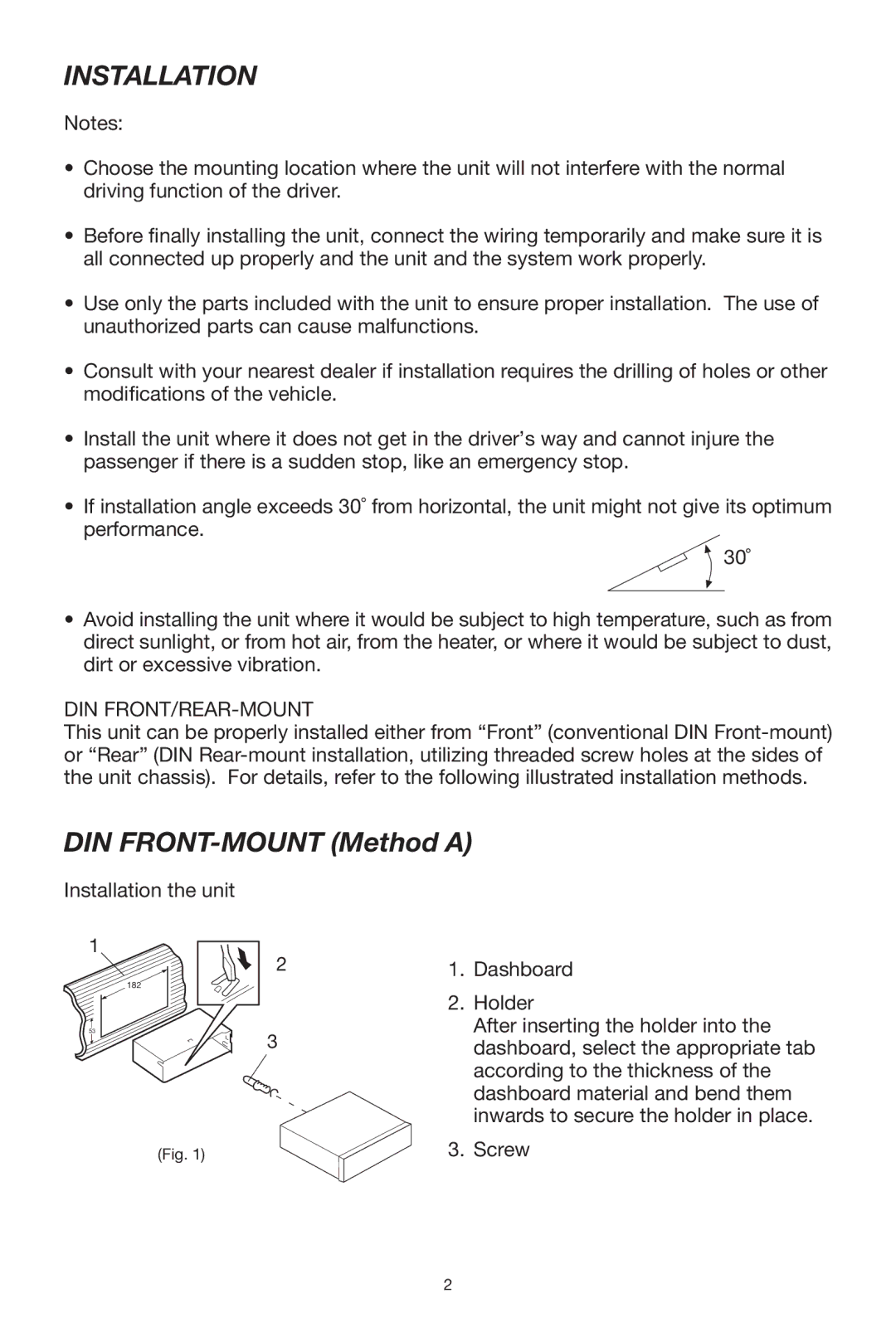 Lanzar Car Audio VBD300 owner manual Installation, Din Front/Rear-Mount 