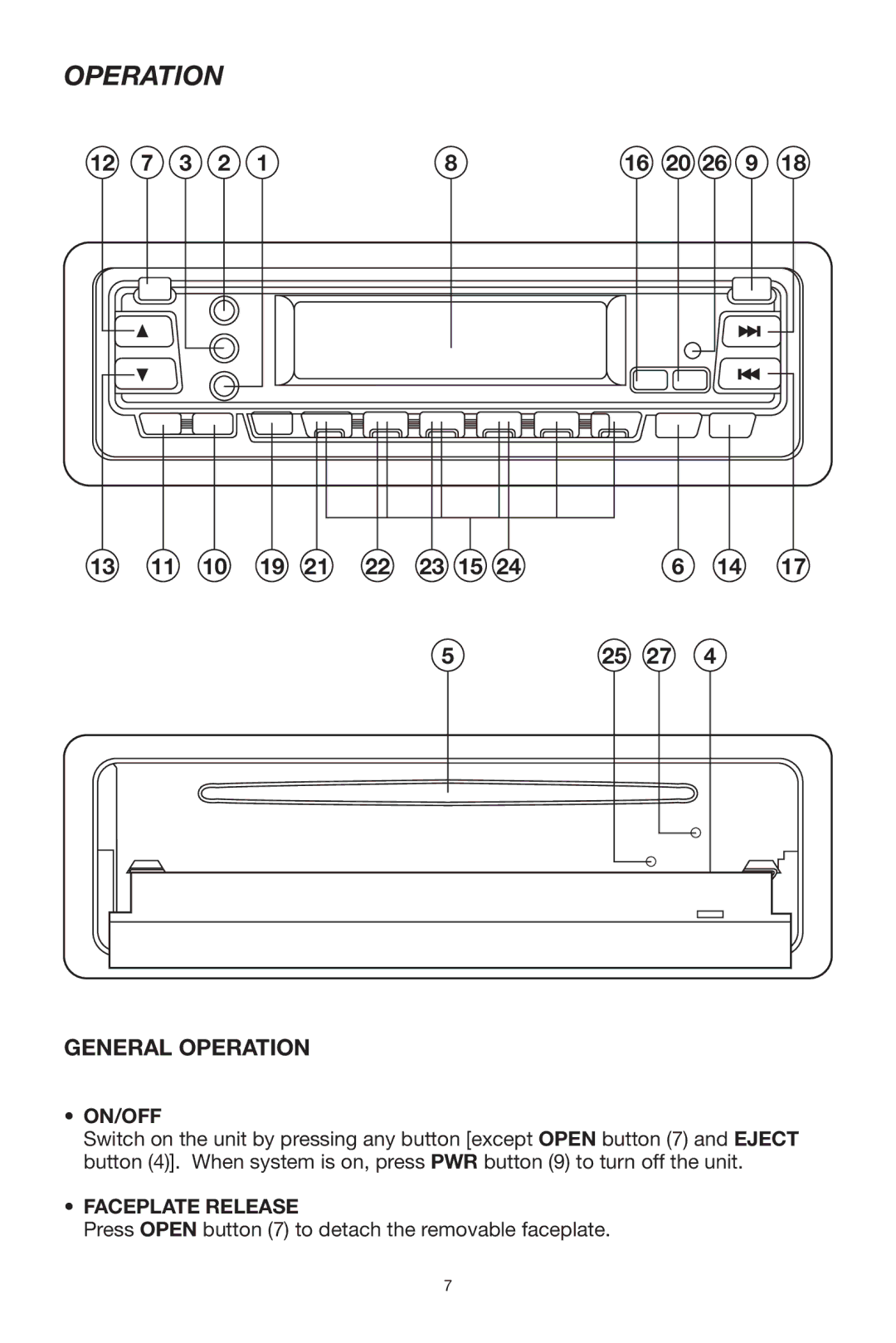 Lanzar Car Audio VBD500 owner manual General Operation, On/Off, Faceplate Release 