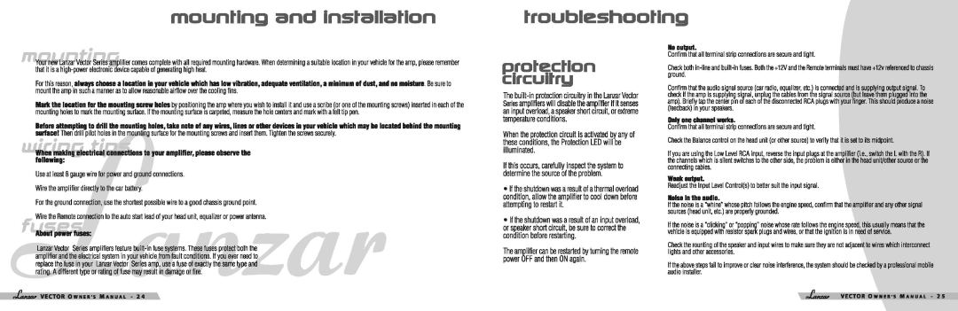 Lanzar Car Audio VCT-3000D, VCT-4110, VCT-2010, VCT-2610, VCT-1500D manual Mounting and Installation Troubleshooting, ID output 