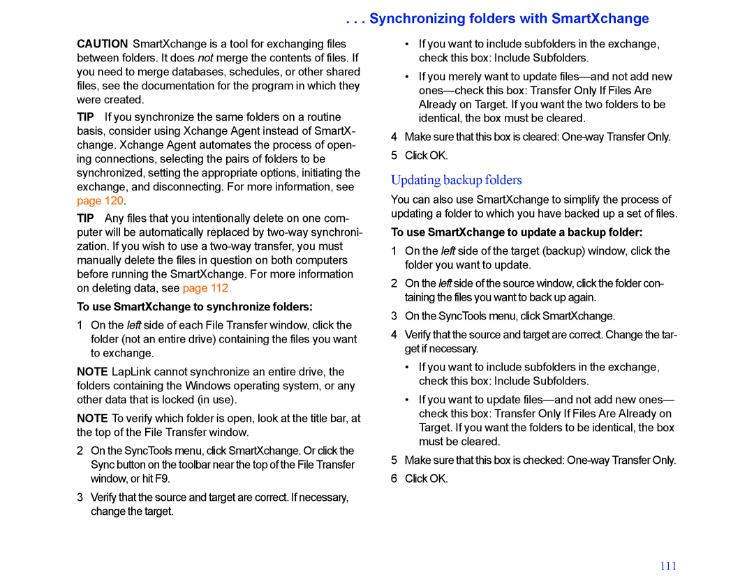 LapLink MN-LGD011-XX-US manual Synchronizing folders with SmartXchange, Updating backup folders 