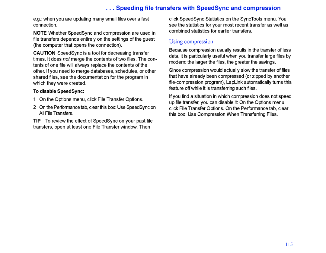 LapLink MN-LGD011-XX-US Speeding file transfers with SpeedSync and compression, Using compression, To disable SpeedSync 