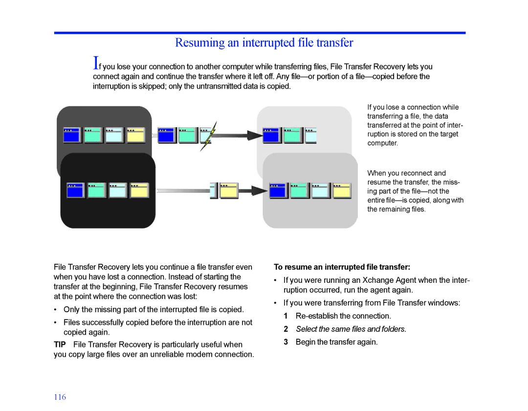 LapLink MN-LGD011-XX-US manual Resuming an interrupted file transfer, To resume an interrupted file transfer 