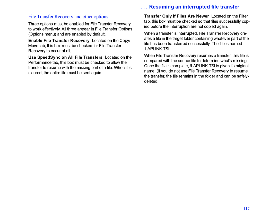 LapLink MN-LGD011-XX-US manual File Transfer Recovery and other options, Resuming an interrupted file transfer 