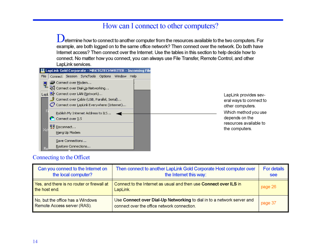 LapLink MN-LGD011-XX-US manual How can I connect to other computers?, Connecting to the Officet 