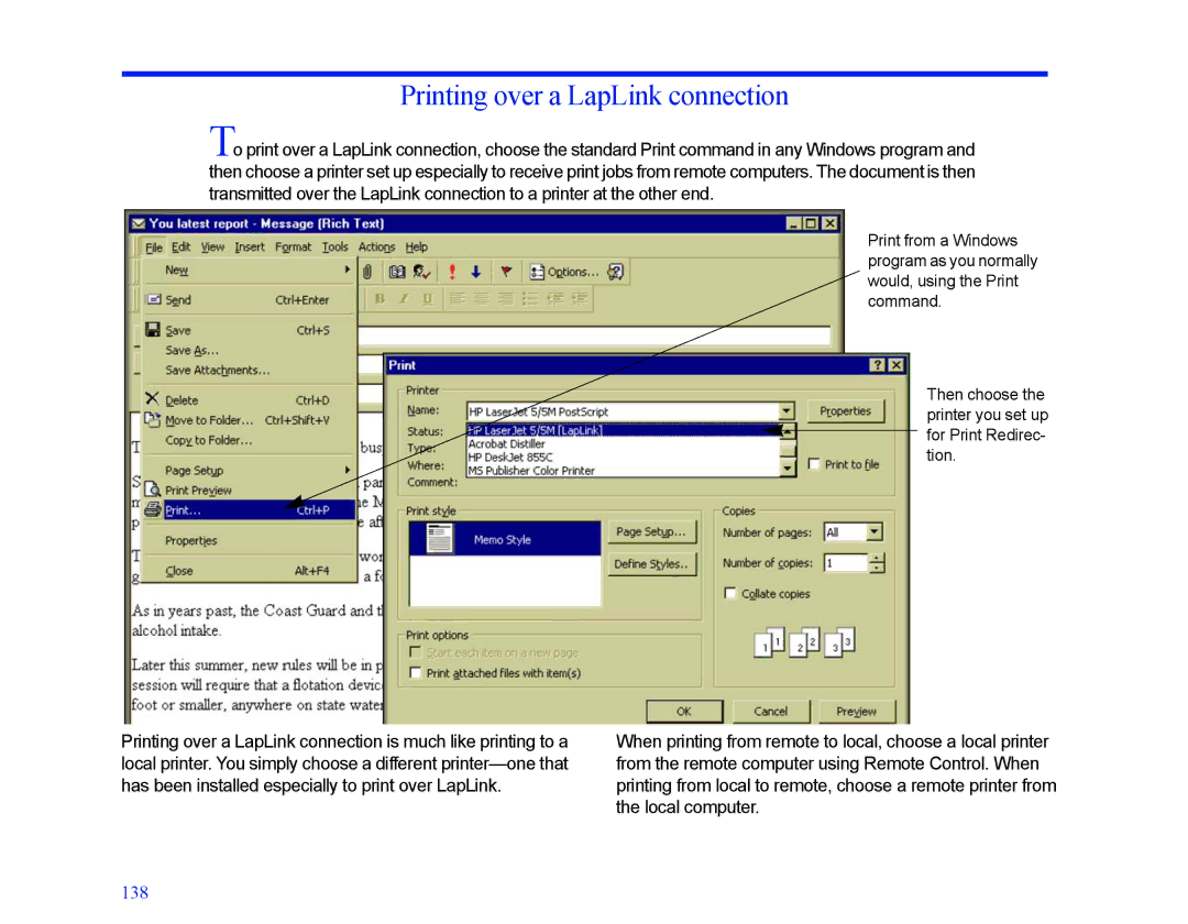 LapLink MN-LGD011-XX-US manual Printing over a LapLink connection 