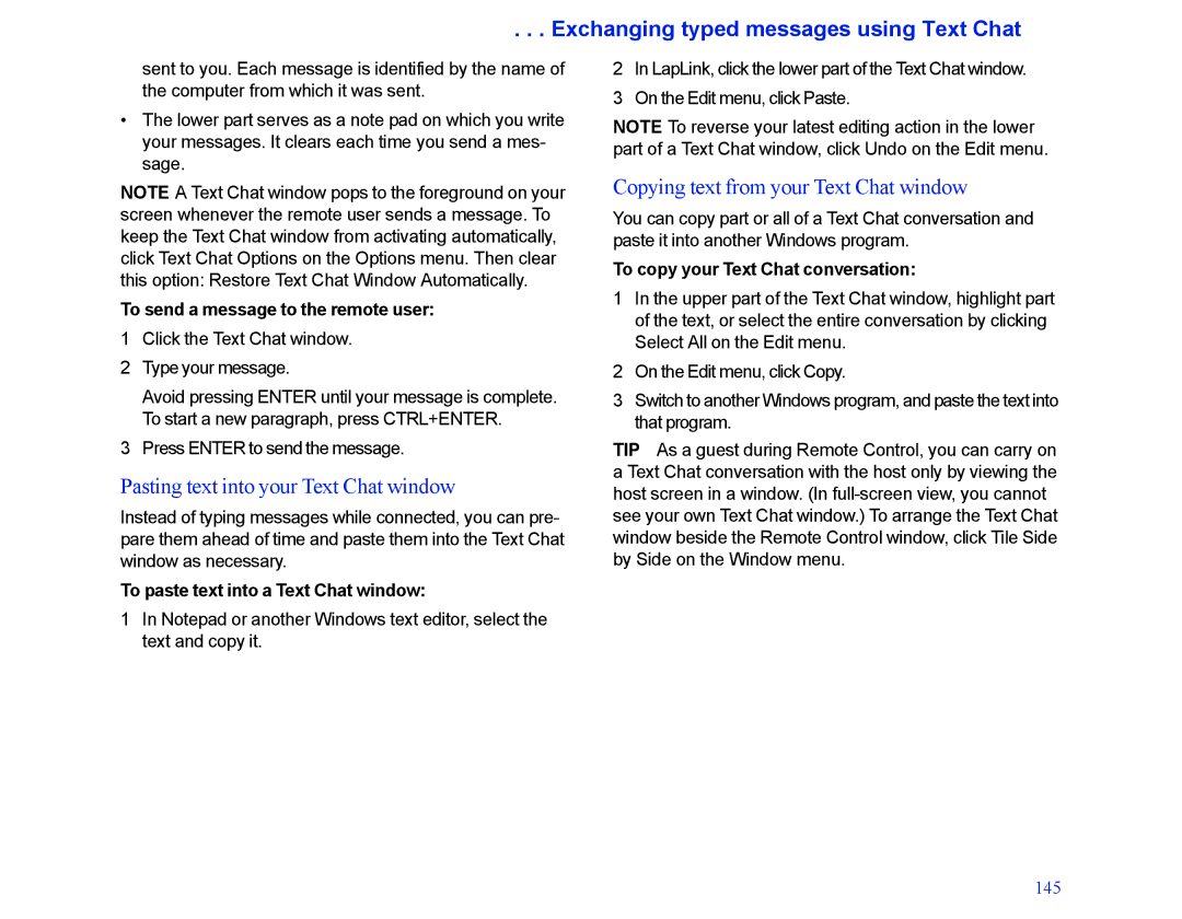LapLink MN-LGD011-XX-US manual Exchanging typed messages using Text Chat, Pasting text into your Text Chat window 