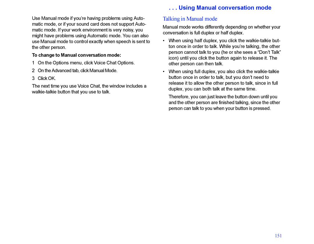 LapLink MN-LGD011-XX-US Using Manual conversation mode, Talking in Manual mode, To change to Manual conversation mode 