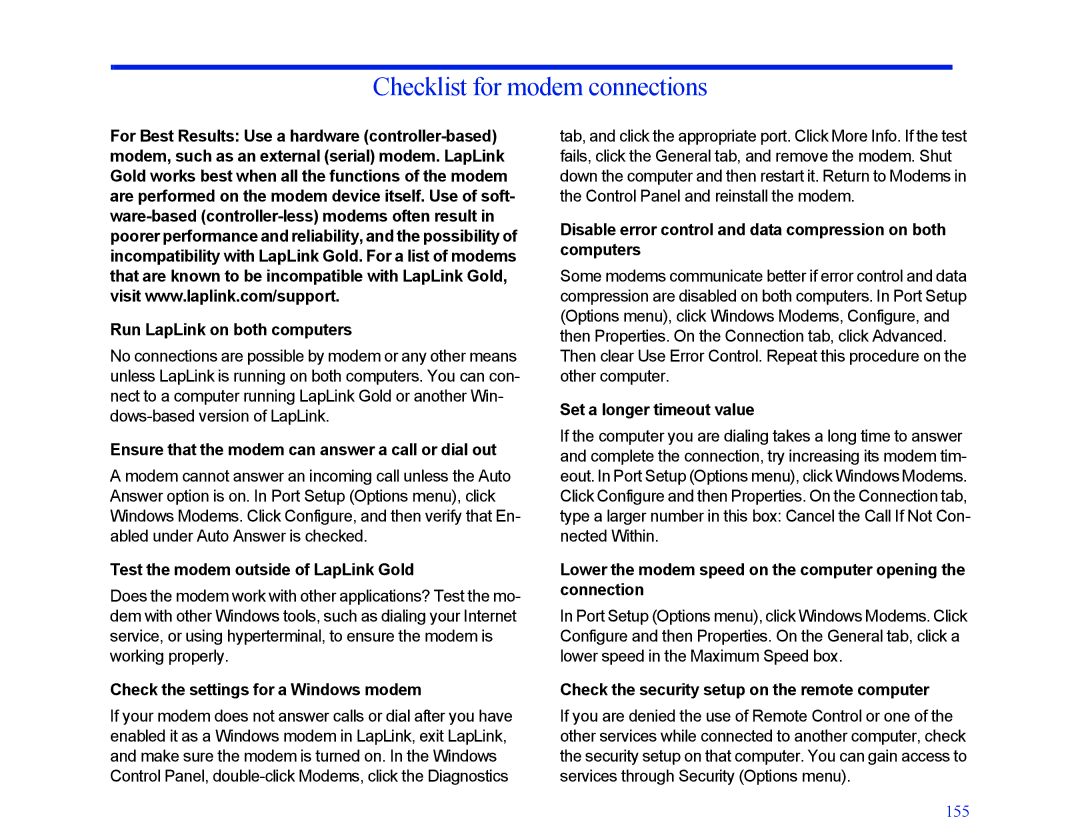 LapLink MN-LGD011-XX-US manual Checklist for modem connections 