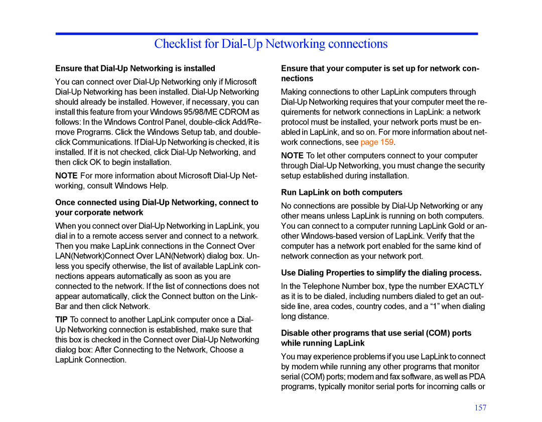 LapLink MN-LGD011-XX-US manual Checklist for Dial-Up Networking connections, Ensure that Dial-Up Networking is installed 