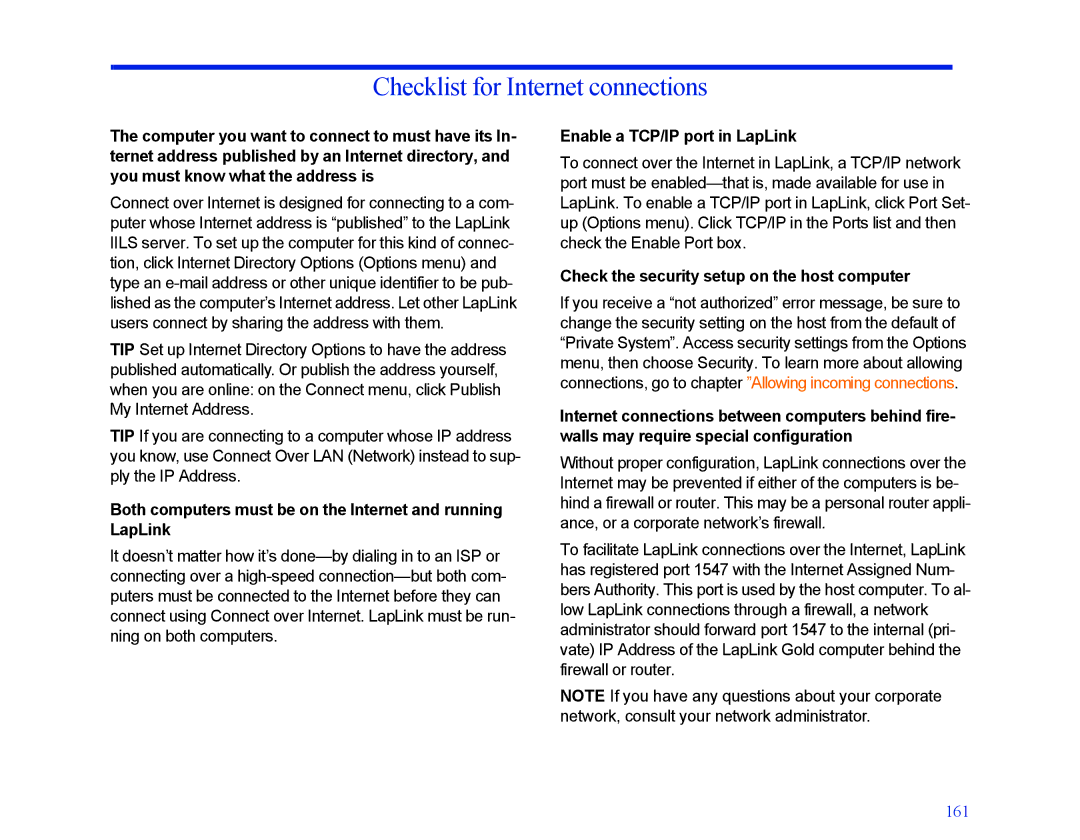 LapLink MN-LGD011-XX-US Checklist for Internet connections, Both computers must be on the Internet and running LapLink 