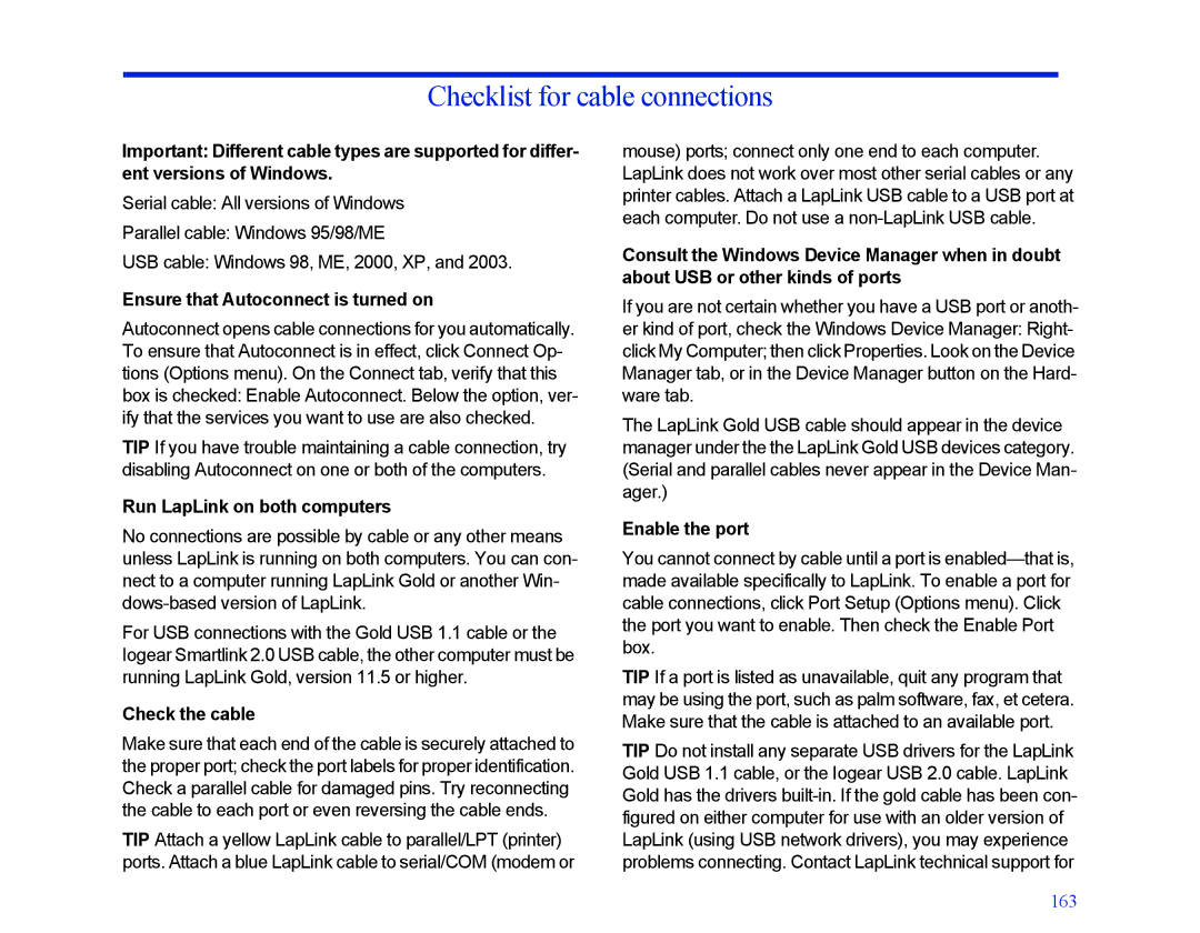 LapLink MN-LGD011-XX-US manual Checklist for cable connections, Ensure that Autoconnect is turned on, Check the cable 