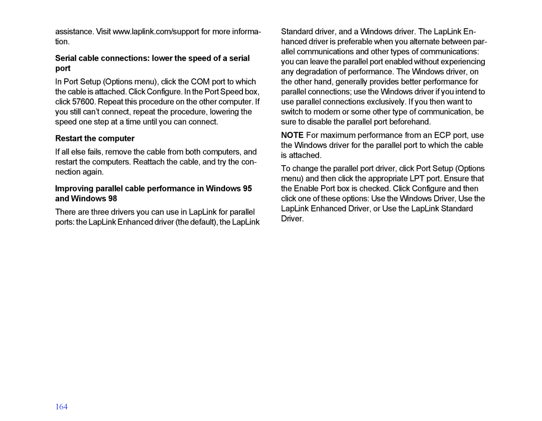 LapLink MN-LGD011-XX-US manual Serial cable connections lower the speed of a serial port, Restart the computer 