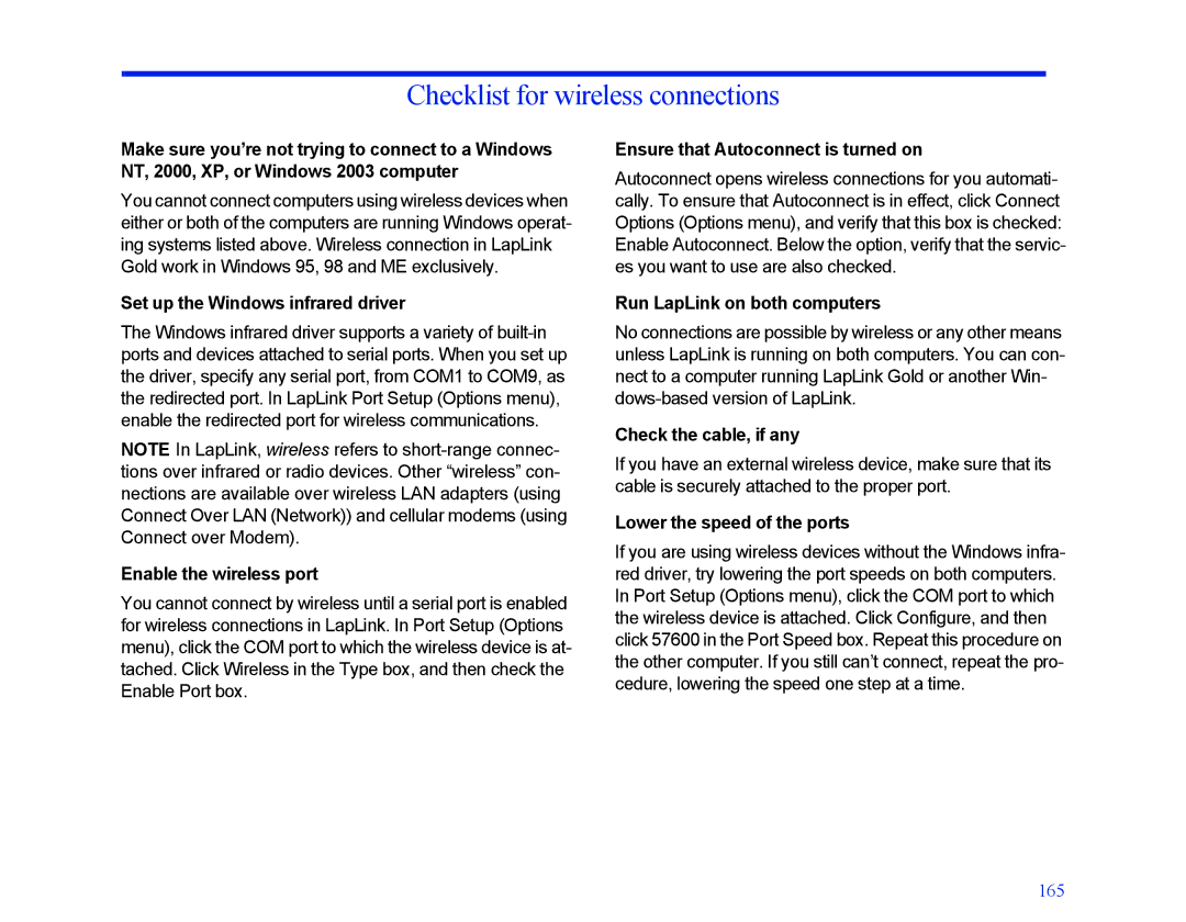 LapLink MN-LGD011-XX-US Checklist for wireless connections, Set up the Windows infrared driver, Enable the wireless port 