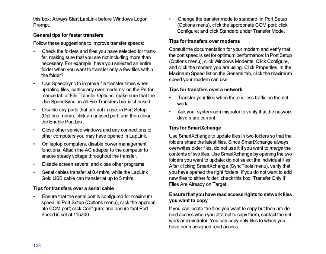 LapLink MN-LGD011-XX-US General tips for faster transfers, Tips for transfers over a serial cable, Tips for SmartXchange 