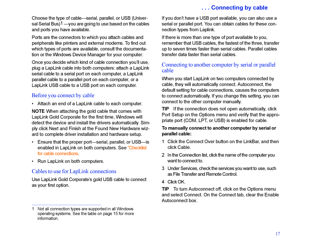 LapLink MN-LGD011-XX-US manual Before you connect by cable, Cables to use for LapLink connections, Connecting by cable 