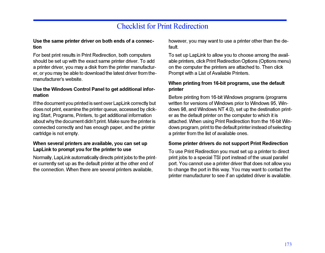 LapLink MN-LGD011-XX-US manual Checklist for Print Redirection, Use the same printer driver on both ends of a connec- tion 
