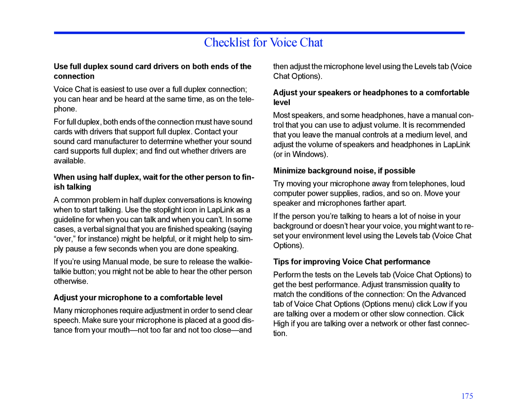 LapLink MN-LGD011-XX-US manual Checklist for Voice Chat, Adjust your microphone to a comfortable level 