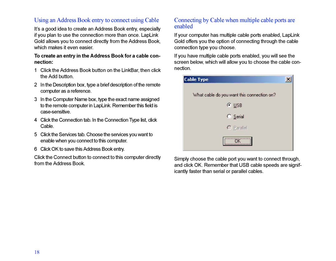 LapLink MN-LGD011-XX-US manual Using an Address Book entry to connect using Cable 