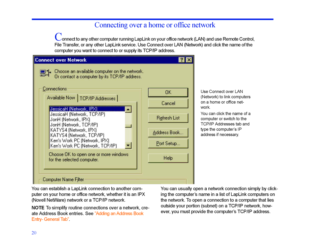 LapLink MN-LGD011-XX-US manual Connecting over a home or office network 