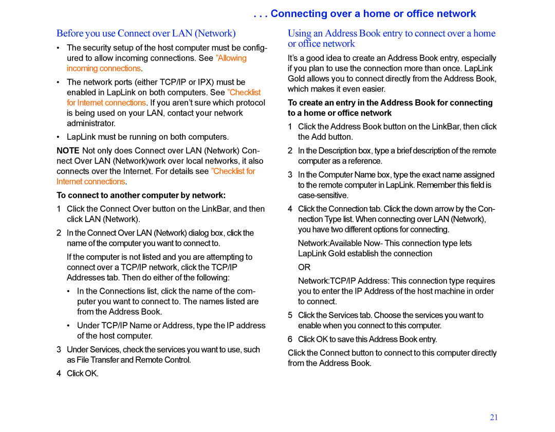 LapLink MN-LGD011-XX-US manual Connecting over a home or office network, Before you use Connect over LAN Network 