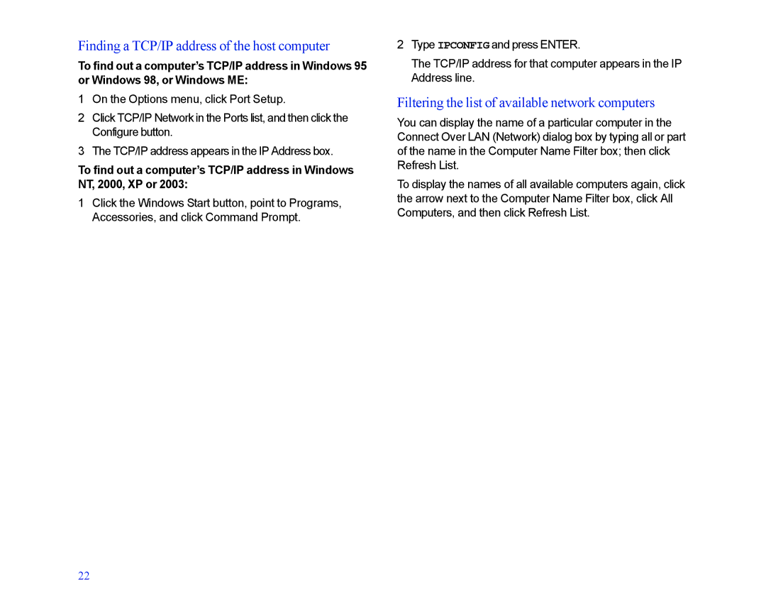 LapLink MN-LGD011-XX-US Finding a TCP/IP address of the host computer, Filtering the list of available network computers 