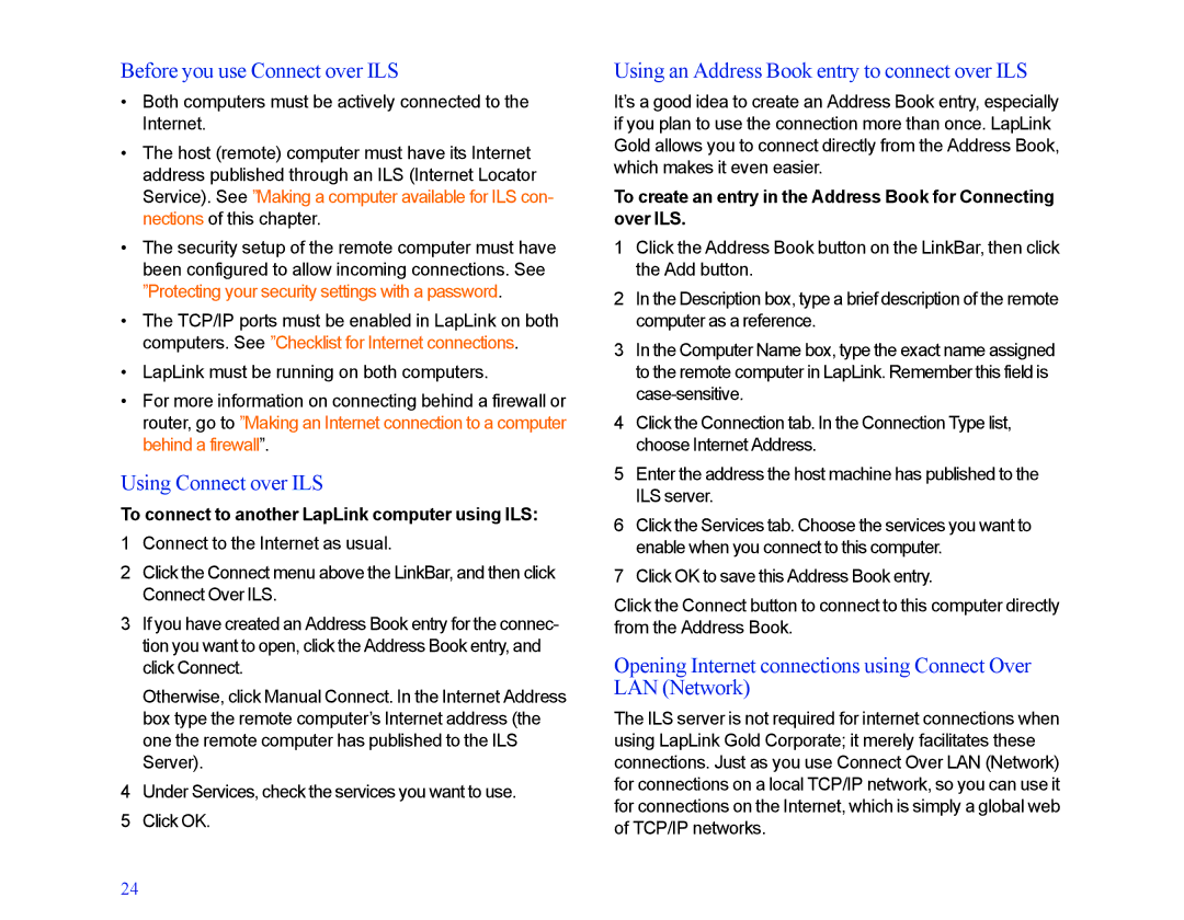 LapLink MN-LGD011-XX-US manual Before you use Connect over ILS, Using Connect over ILS 