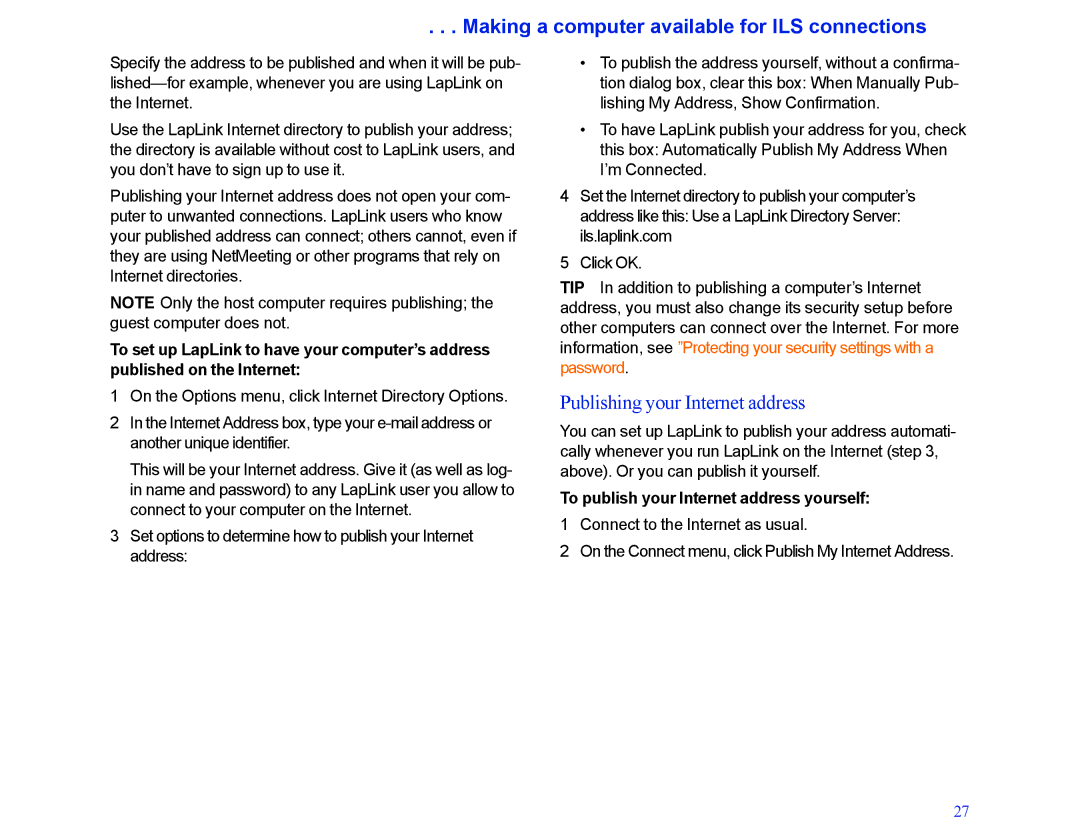LapLink MN-LGD011-XX-US manual Making a computer available for ILS connections, Publishing your Internet address 