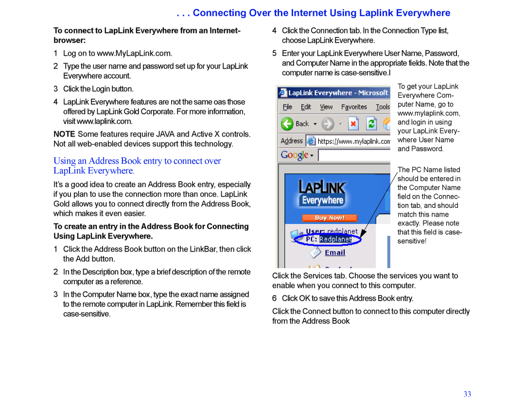 LapLink MN-LGD011-XX-US manual To connect to LapLink Everywhere from an Internet- browser 