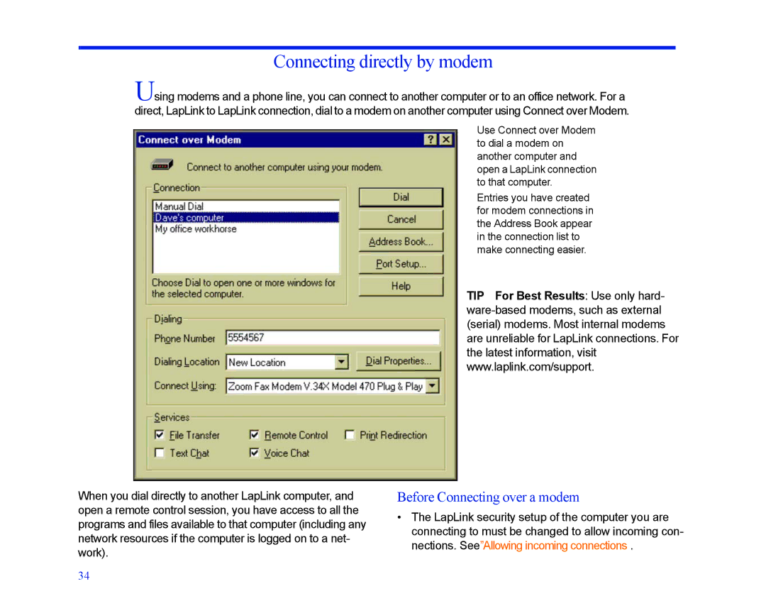 LapLink MN-LGD011-XX-US manual Connecting directly by modem, Before Connecting over a modem 