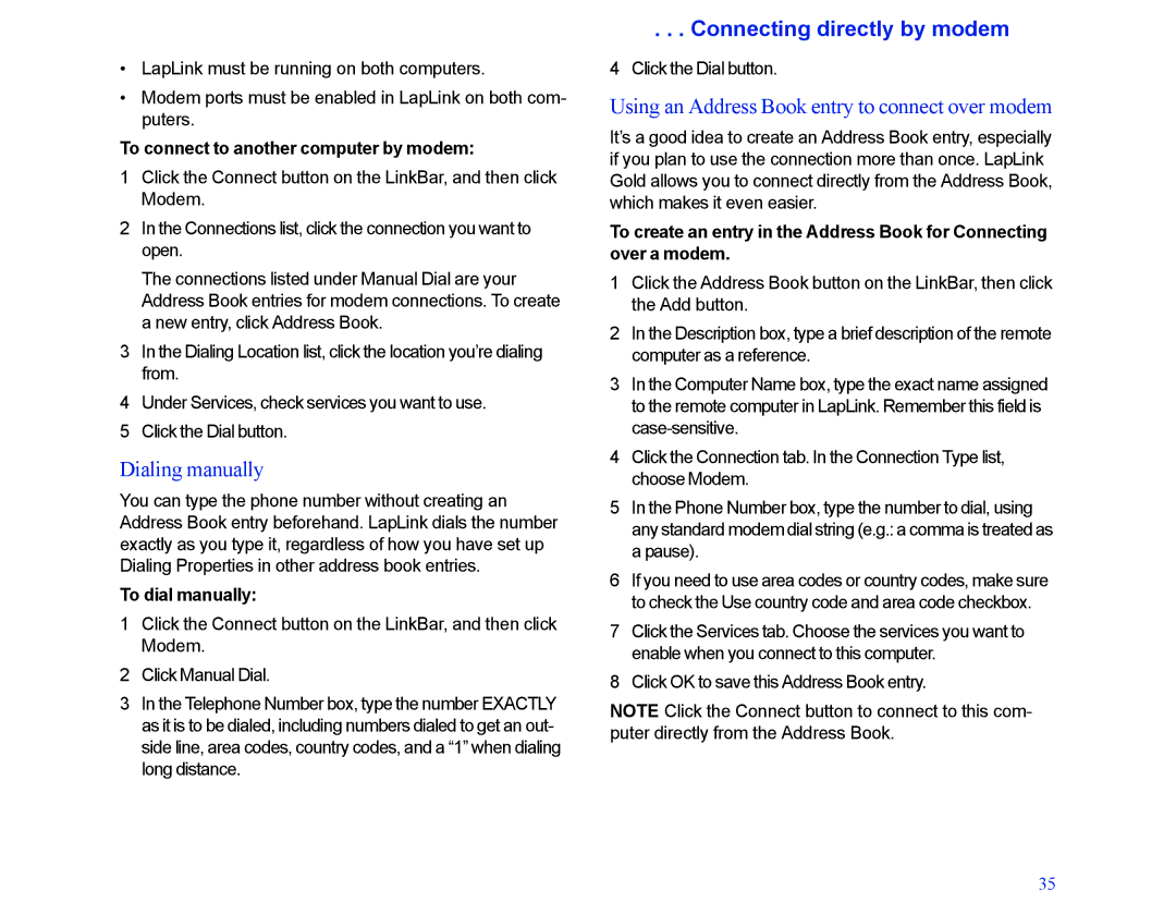 LapLink MN-LGD011-XX-US Dialing manually, Connecting directly by modem, Using an Address Book entry to connect over modem 