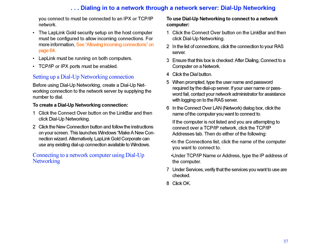 LapLink MN-LGD011-XX-US manual Setting up a Dial-Up Networking connection, To create a Dial-Up Networking connection 