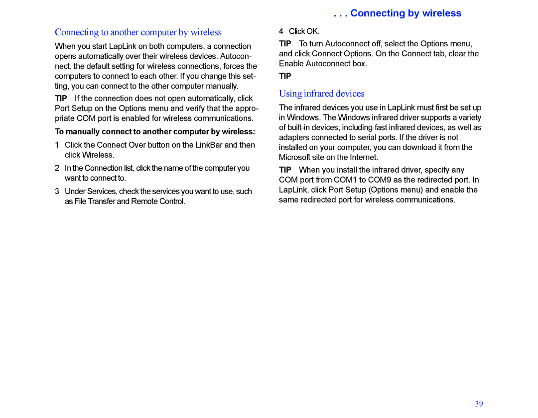 LapLink MN-LGD011-XX-US manual Connecting to another computer by wireless, Connecting by wireless, Using infrared devices 