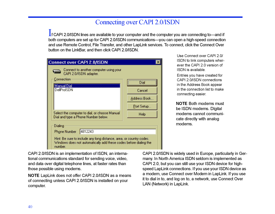 LapLink MN-LGD011-XX-US manual Connecting over Capi 2.0/ISDN 