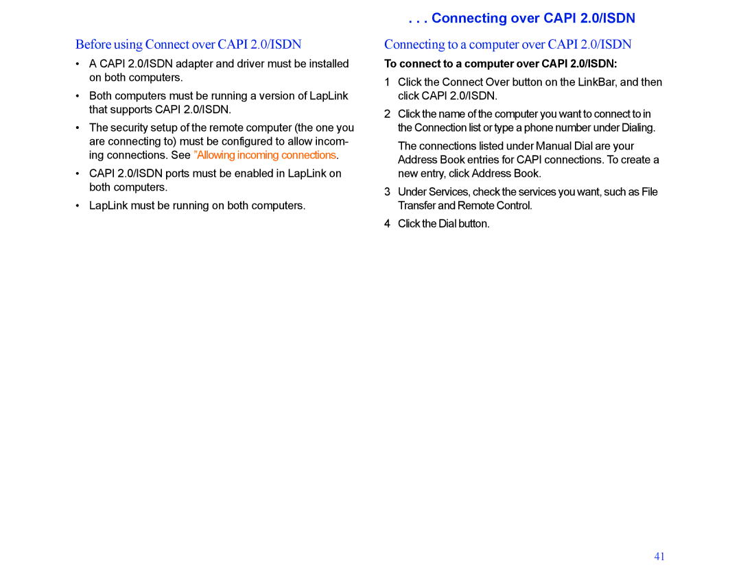 LapLink MN-LGD011-XX-US manual Before using Connect over Capi 2.0/ISDN, Connecting over Capi 2.0/ISDN 