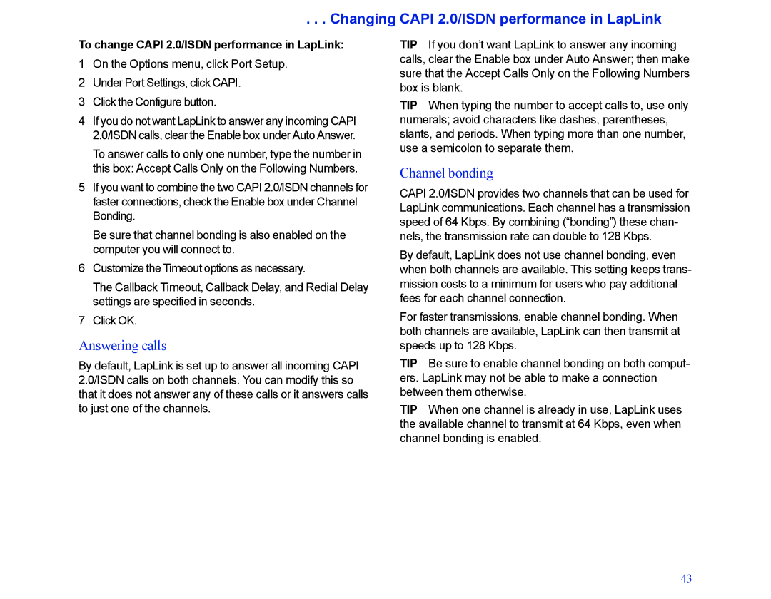 LapLink MN-LGD011-XX-US manual Changing Capi 2.0/ISDN performance in LapLink, Answering calls, Channel bonding 