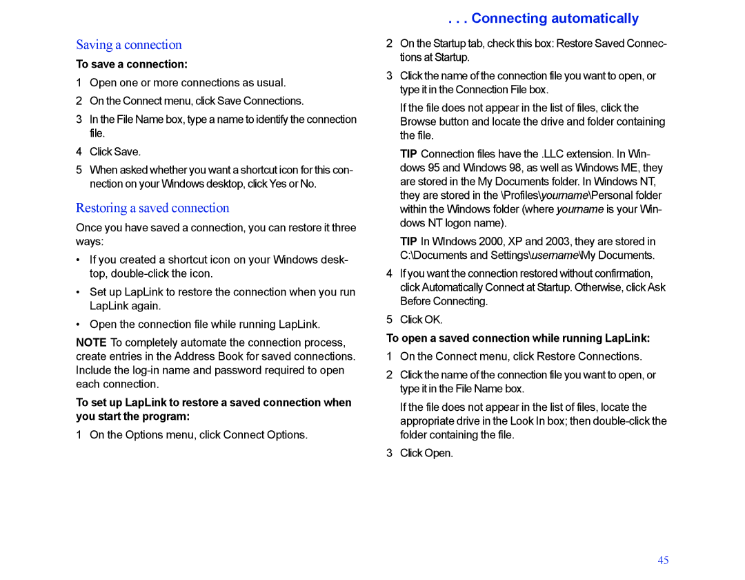 LapLink MN-LGD011-XX-US Saving a connection, Restoring a saved connection, Connecting automatically, To save a connection 