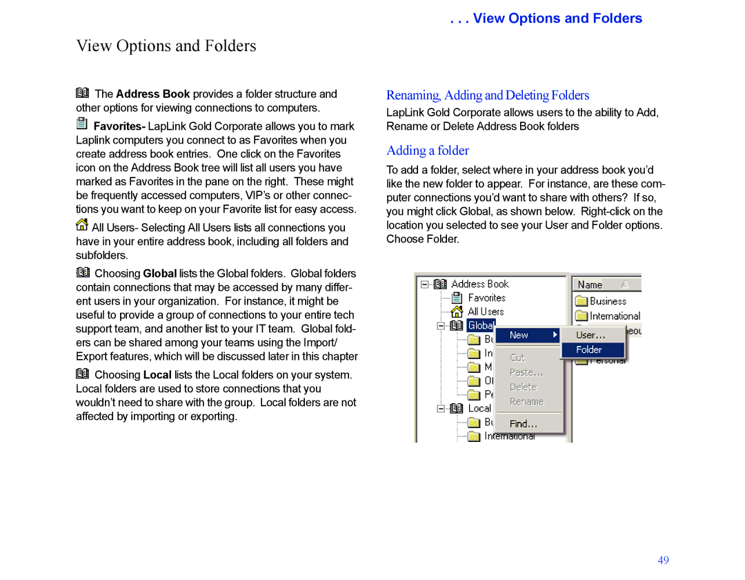 LapLink MN-LGD011-XX-US manual View Options and Folders, Renaming, Adding and Deleting Folders, Adding a folder 