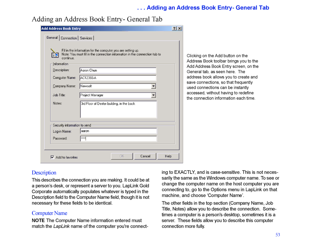 LapLink MN-LGD011-XX-US manual Adding an Address Book Entry- General Tab, Description, Computer Name 