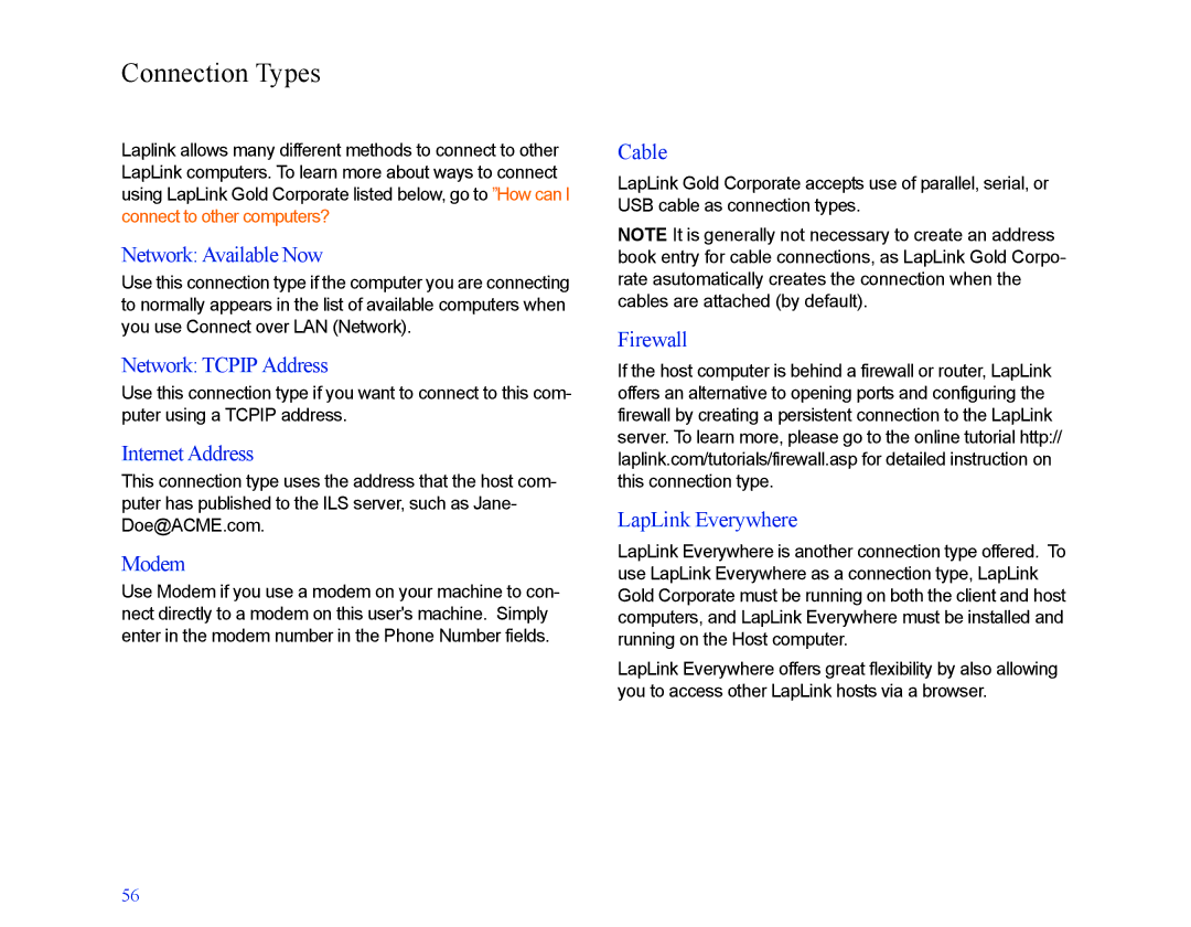 LapLink MN-LGD011-XX-US manual Connection Types 