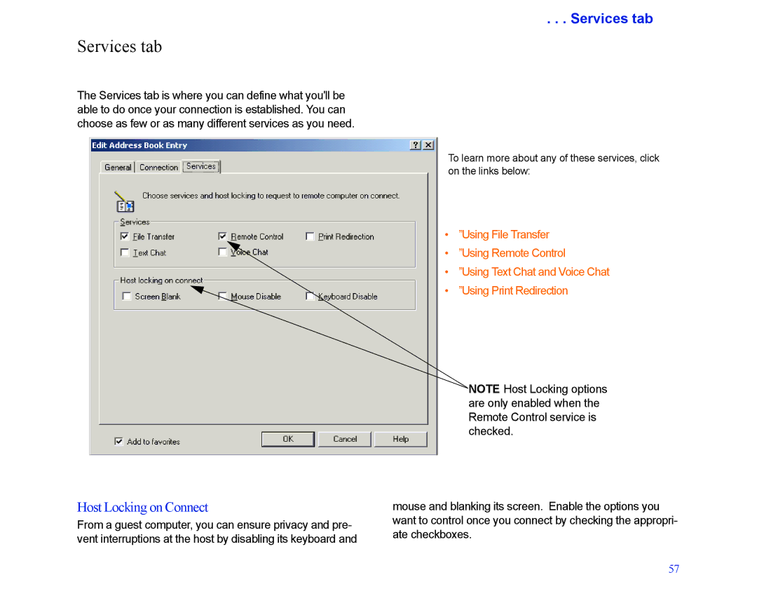 LapLink MN-LGD011-XX-US manual Services tab, Host Locking on Connect 