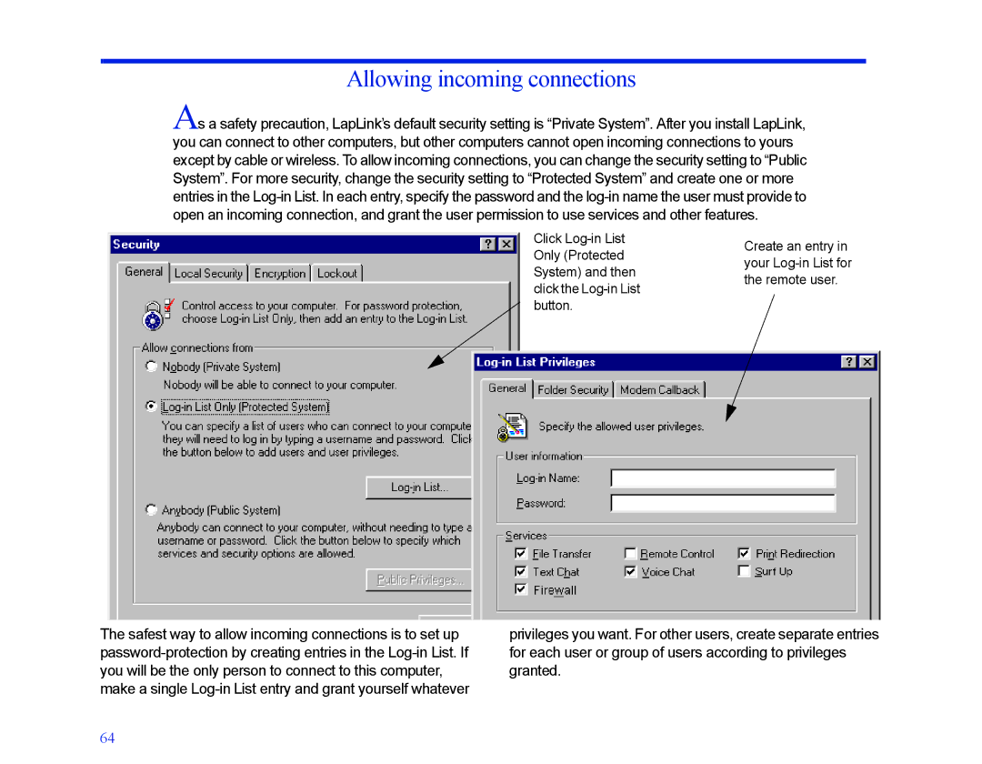 LapLink MN-LGD011-XX-US manual Allowing incoming connections 