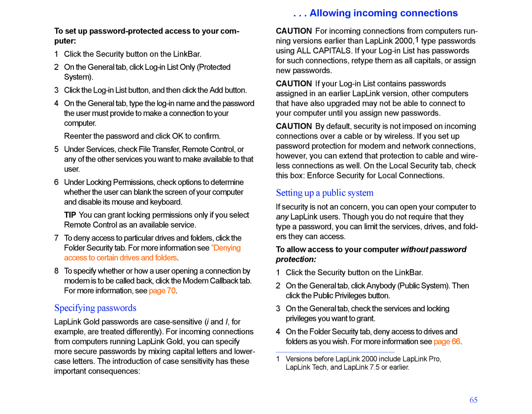 LapLink MN-LGD011-XX-US manual Specifying passwords, Allowing incoming connections, Setting up a public system 