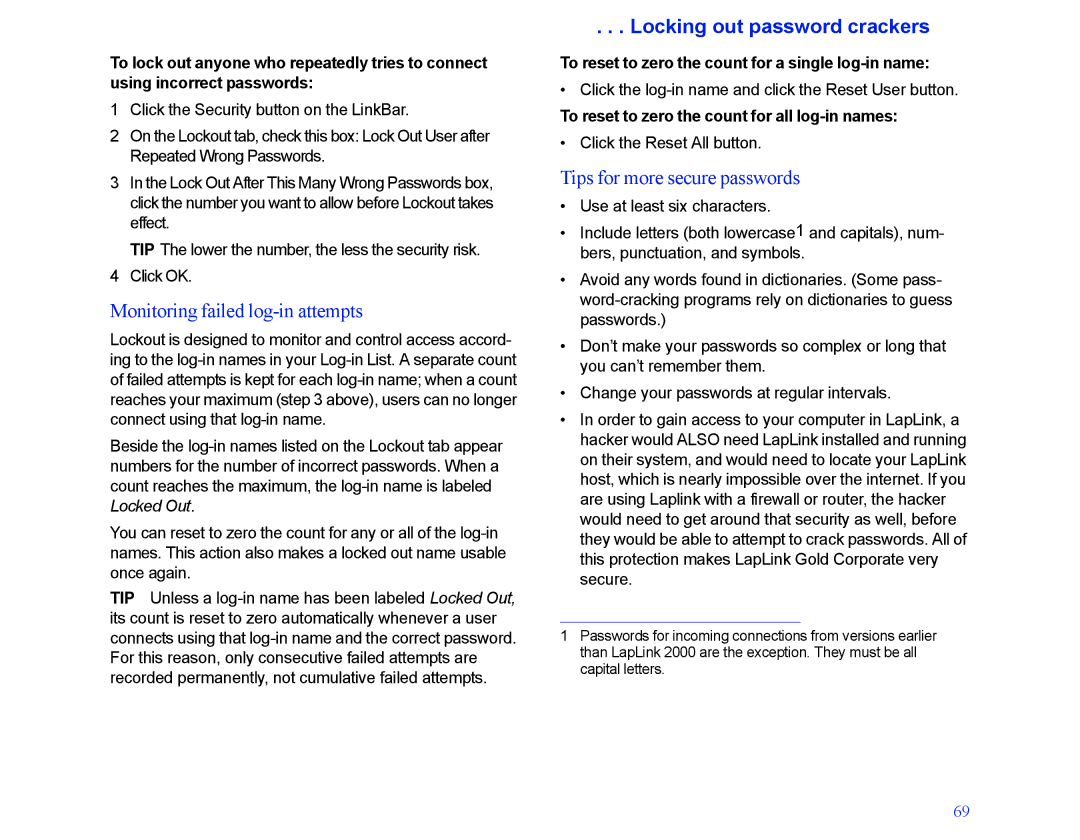 LapLink MN-LGD011-XX-US Monitoring failed log-in attempts, Locking out password crackers, Tips for more secure passwords 