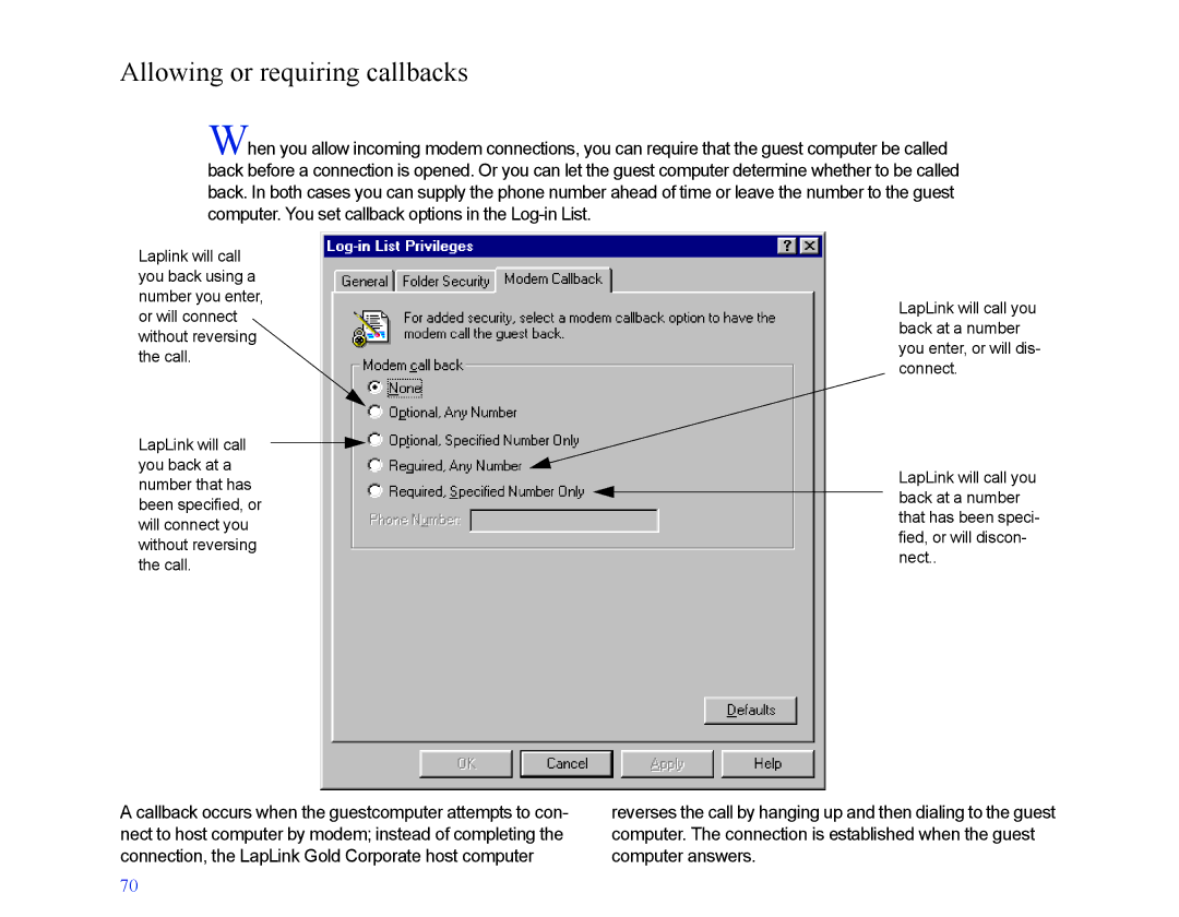 LapLink MN-LGD011-XX-US manual Allowing or requiring callbacks 