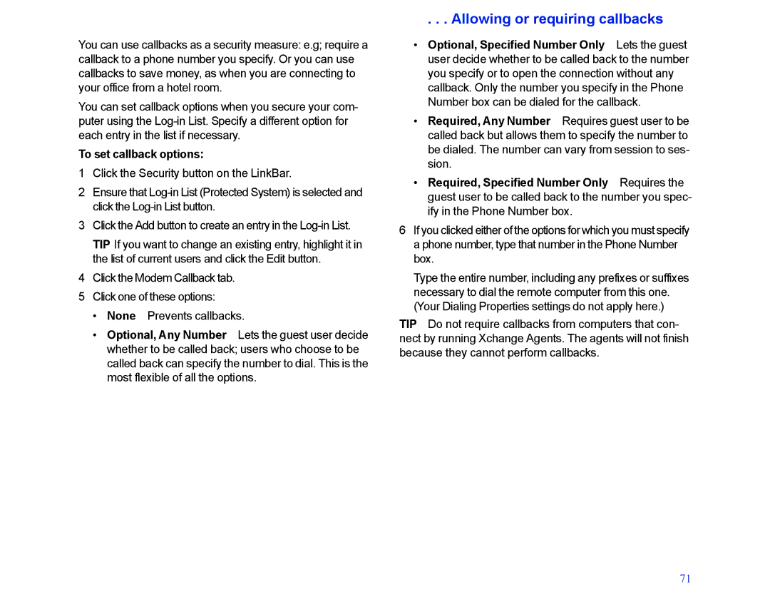 LapLink MN-LGD011-XX-US manual Allowing or requiring callbacks, To set callback options, Optional, Specified Number Only 