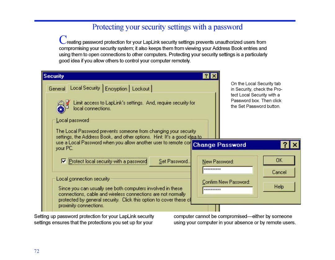 LapLink MN-LGD011-XX-US manual Protecting your security settings with a password 