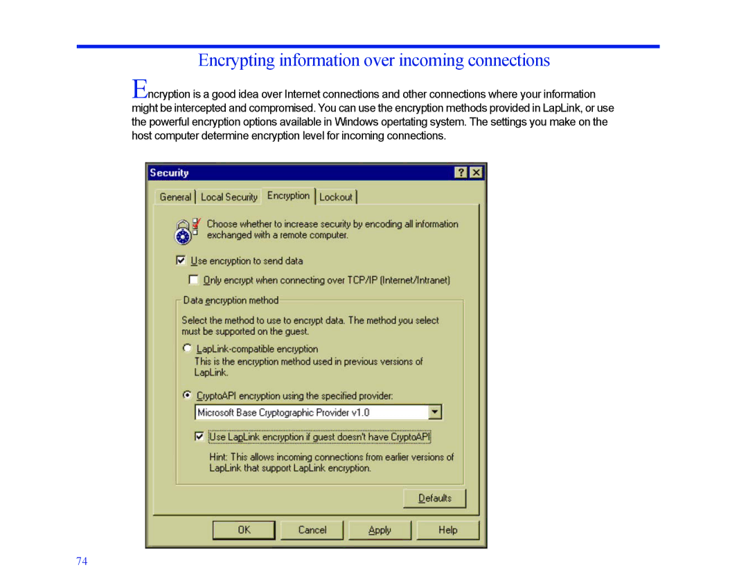 LapLink MN-LGD011-XX-US manual Encrypting information over incoming connections 